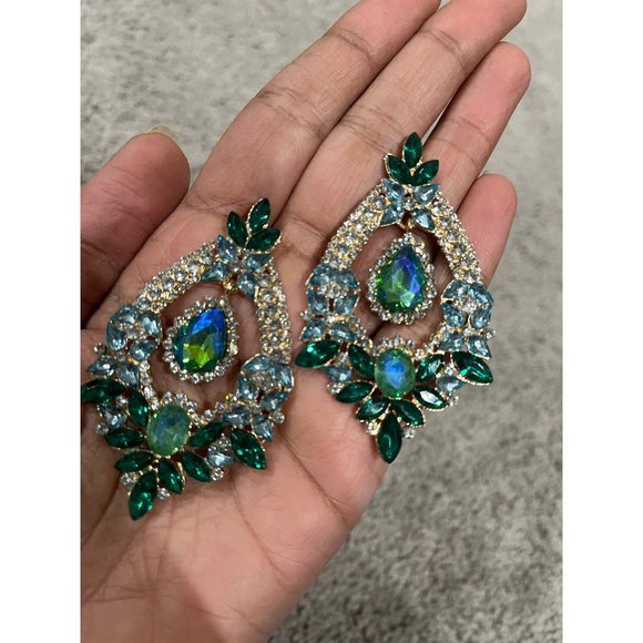 Big Blue and green earring large Emerald crystal chandelier rhinestone 2.6” - Picture 1 of 7